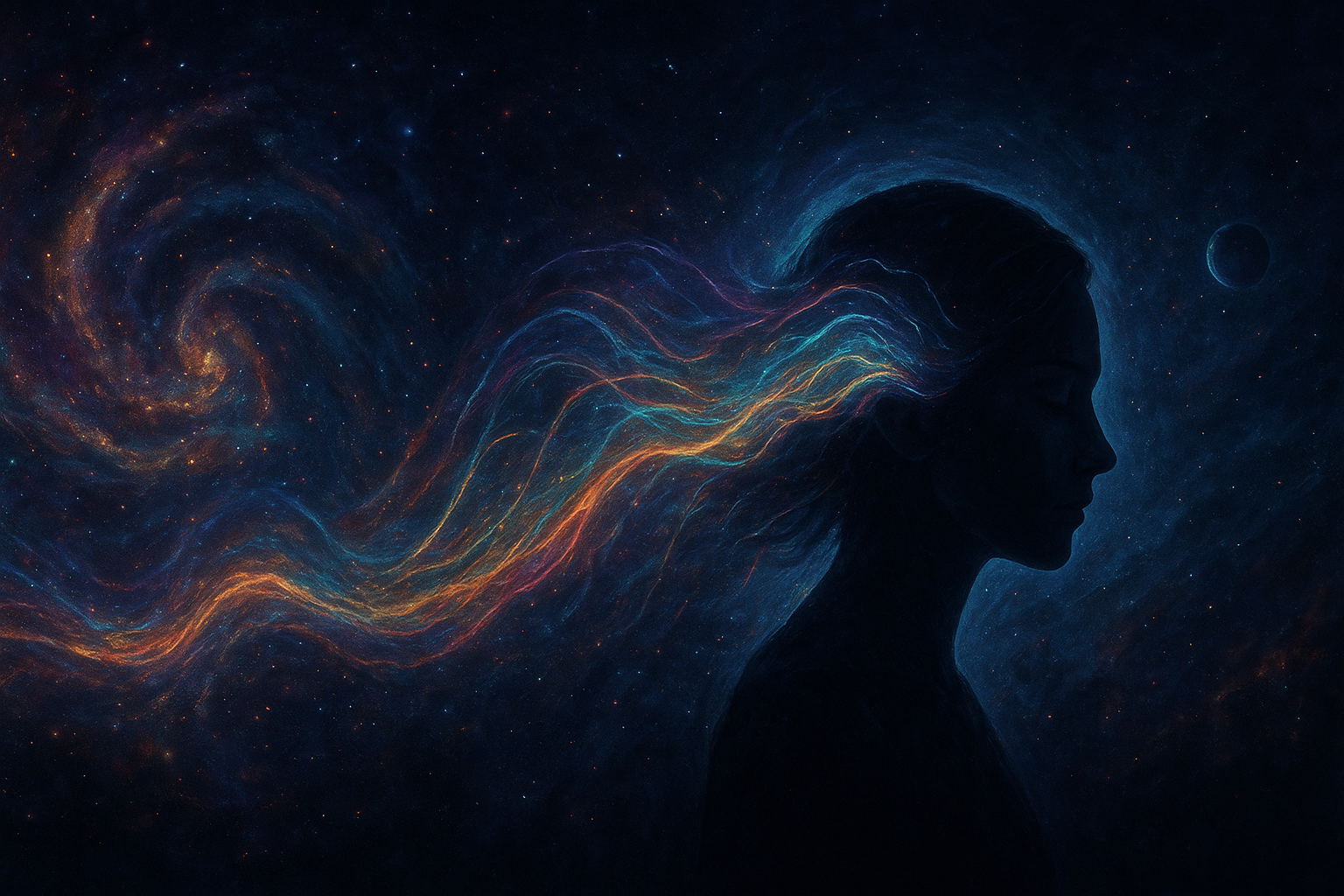 A surreal cosmic digital painting of a woman’s silhouette with eyes closed, radiating colorful waves of light and energy from her head into a star-filled galaxy, blending themes of creation, destruction, and space opera mysticism.